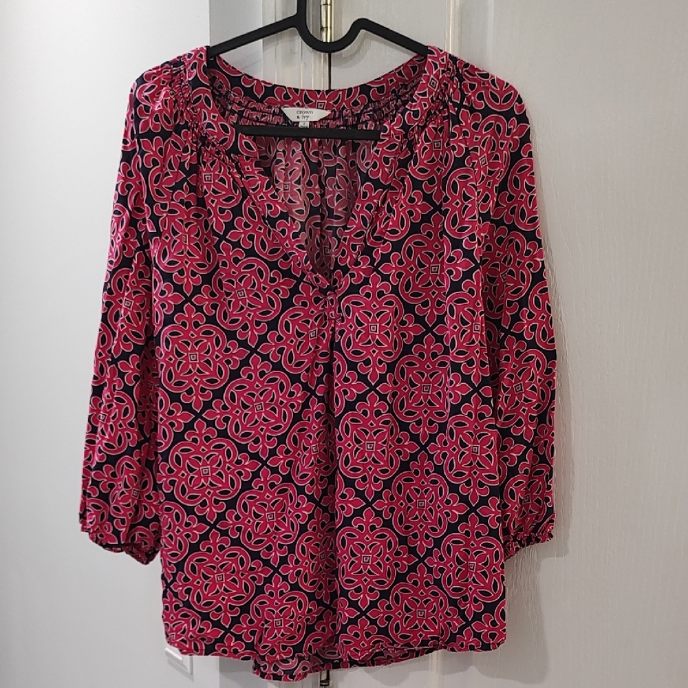 Crown And Ivy Pink And Blue Patterned Blouse